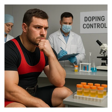 European powerlifter in competition, waiting for anti-doping test results, thoughtful look, medical staff and laboratory instruments, realistic atmosphere, test room background. sticker