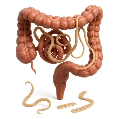 hyperrealistic detailed 3D view of human intestine with tapeworm parasites, some tapeworm segments in foreground, realistic colors, 4K, isolated on white background sticker