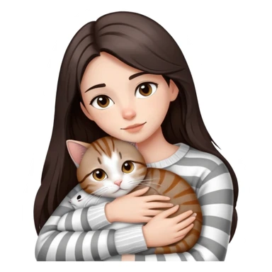 a girl with long dark brown hair, in a
white sweater and brown eyes, hugs a tabby
grey and white strips one cat.  sticker
