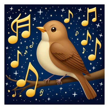 a nightingale bird singing with musical notes visible, flying against a dark starry night sky sticker