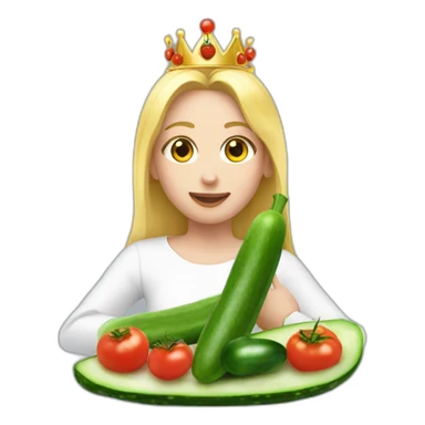 blonde girl  eating  cucumber and tomatoes with white hoodie iridescent and a crown princess sticker