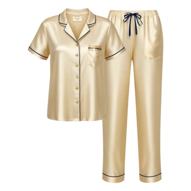 Light cream silk pyjamas set with a little diamond on the pocket golden sticker