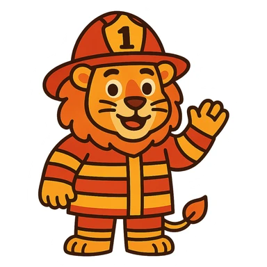 lion in firefighter uniform with helmet, friendly expression sticker