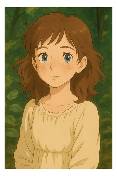 Add subtle freckles to her cheeks, preserving the ghibli-inspired style. sticker