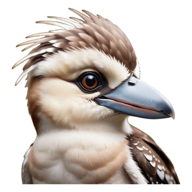 Cinematic Cute Kookaburra Portrait Emoji, Head tilted playfully and inquisitively, featuring a glossy brown plumage with subtle cream accents and a perky, expressive beak, round, sparkling eyes filled with curious mirth, Simplified yet irresistibly adorable features, highly detailed, glowing with a warm, friendly glow, high shine, affectionate and spirited, stylized with a touch of bushland whimsy, bright and endearing, soft glowing outline, capturing the essence of a mischievous yet loving kookaburra, so playful it feels like it could chuckle out of the screen into your arms! sticker