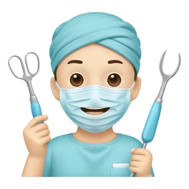 Cute tooth character wearing a face mask, holding dental tools, friendly and clean emoji style, flat illustration, simple design, white background. sticker
