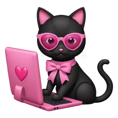 Black cat with pink ribbon and sunglasses doing pink computer with pink heart sticker