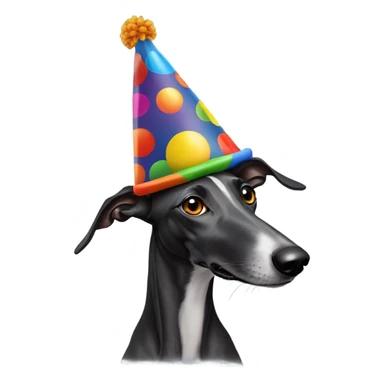 Black greyhound wearing a clown hat sticker