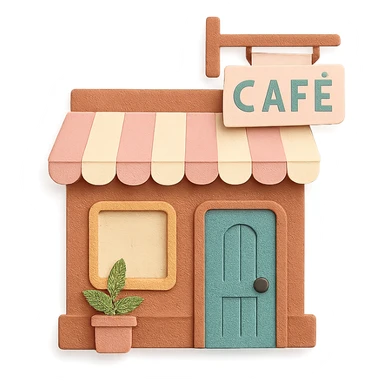 cozy coffee shop entrance with pastel hanging sign and cute details, hand-drawn soft pastel style sticker
