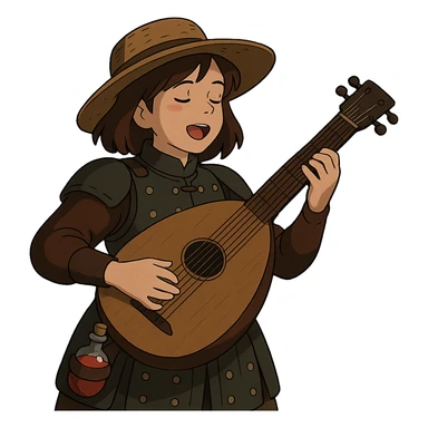 A female bard wearing brigandine armor with a sturdy straw hat, playing a fat lute and singing, night time shadows  , tool belt with red potion and bandages  sticker