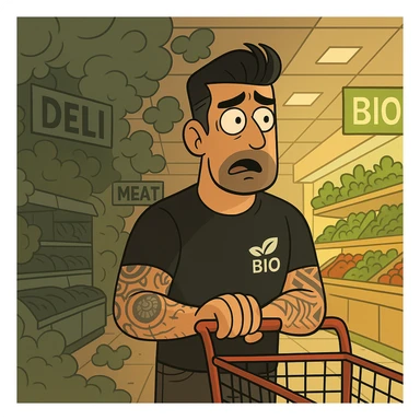 A cartoon style man in a supermarket where all departments are enveloped in a toxic cloud except the BIO department, which is bright and clean. The man has a surprised or worried expression. The atmosphere is ironic and caricatural. sticker