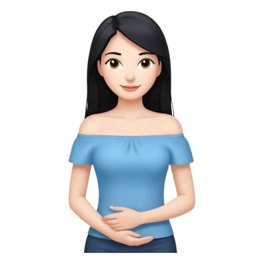 cewe ramah Kulit putih bersih, rambut hitam panjang sleek lurus. Pakai atasan biru muda off the shoulder . Pose tangan di pinggang, tatapan senyum percaya diri. sticker