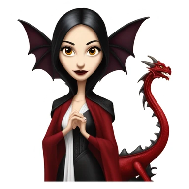 Lavish Victorian evening gown, young Morticia Addams Jedi wearing a mini tiara, riding on the back of a very large blood red evil-looking fire-spewing horned dragon sticker
