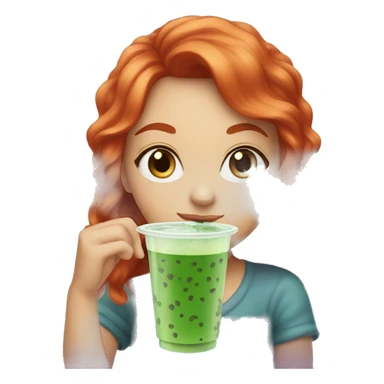 red haired girl with green eyes drinks bubble tea sticker