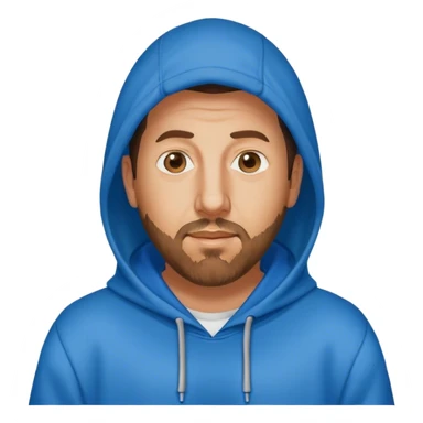 Adam Sandler with a beard in a blue hoodie with the hood on sticker