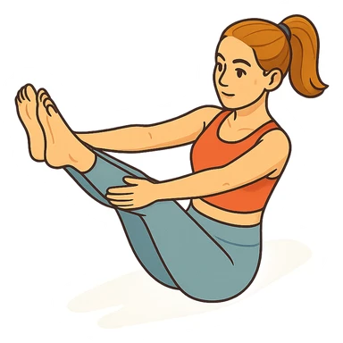 girl in cute yoga outfit performing boat pose (Navasana), 2D isometric style, very detailed facial features, elongated body, many shadows and highlights, clean contours, soft lighting, transparent background sticker