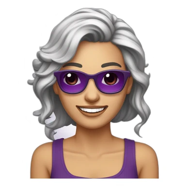 mujer-piel blanca-con gafas-sonriendo-camisa morada-pelo corto hasta el hombro-cabello color cafe,con un computador,muy detallada sticker