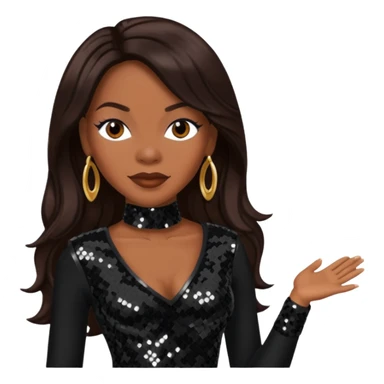 Dawn Robinson from En Vogue with long dark brown hair, black sequin outfit sticker