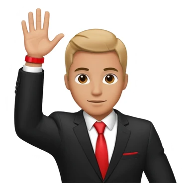 Man with black suit one hand up and a red cuff sticker