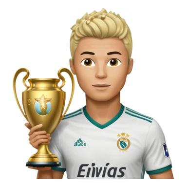 Cristiano Ronaldo holfing the champions league with noodle hair a bit longer noodle hair with a bit of blonde highlights and tge hair xoming down a bit just a bit of blonde not completely sticker