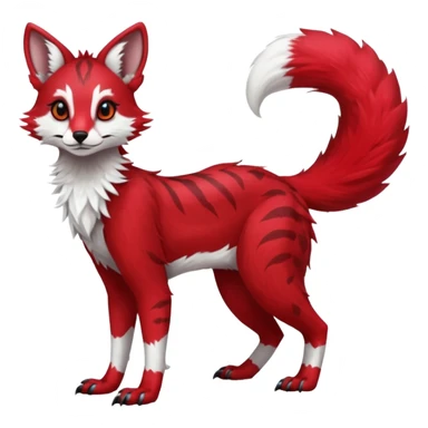 Feral Rare Fantasy   bright cherry-red fur with clean snow-white chest and muzzle Vernid-Sergal-Genet-Trico-species by LiLaiRa, random markings, tufted tail, tufted ears, full body sticker