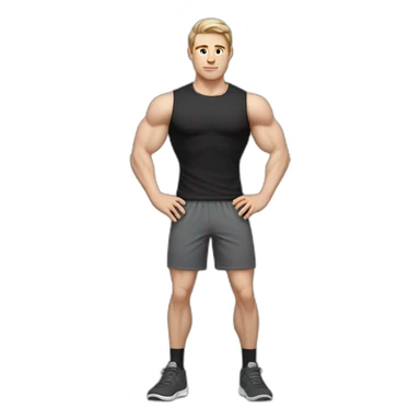 Idyll Pale skinned Fit Man With the biceps and dark brown hair in black shirt, gray sports shorts and white Sneakers sticker