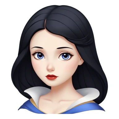 Cinematic Serene Snow White Portrait Emoji, rendered in a simplified vector style. Depict a gentle Snow White (chest and above) with flawless porcelain skin and flowing raven hair, her kind eyes and calm expression exuding a quiet, enchanting charm. The image glows softly with an inviting, pure light and is outlined with a subtle glow. sticker