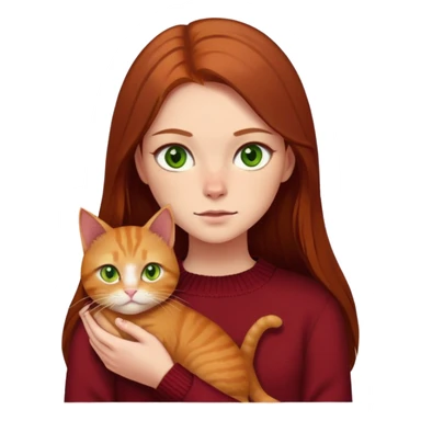  a girl with straight long brown hair, green eyes, she is wearing dark red sweater she has a scar on one eyebrow, and she is holding a ginger cat in her hands. It has yellow eyes. sticker