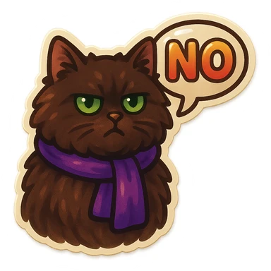 Fluffy dark-brown cat with green eyes and a purple scarf saying ‘NO’ (with a speech bubble) sticker