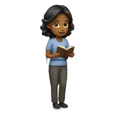 a gril reading a book, standing against the shelve. sticker