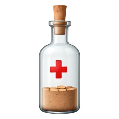 A glass medicine bottle with a cork top and red cross label sticker