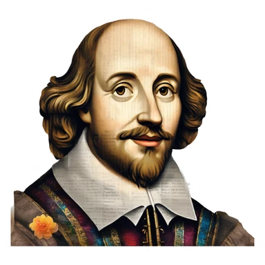 Shakespeare made of newspaper cuttings wearing flowers, stained glass, fairy lights, bokeh, annotated sketch, handwritten letters, collage of intricate patterns, lantern, bokeh, blur sticker