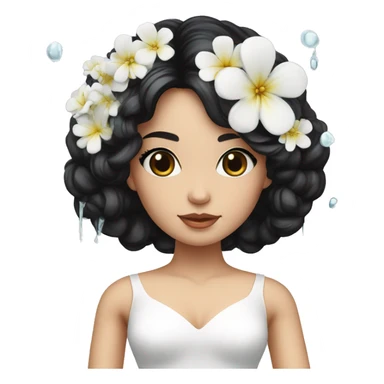 Pretty young Lady doll posing with black hair flowers in hair white dress surrounded by flowing water sticker
