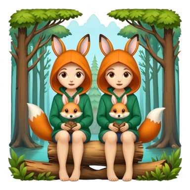 two forest women with cute fox and rabbit hoodies sitting together on log sticker
