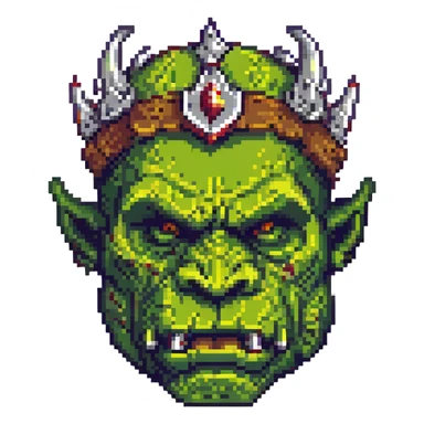 pixel art crowned orc, facing forward, detailed crown, green skin, fantasy vibe sticker