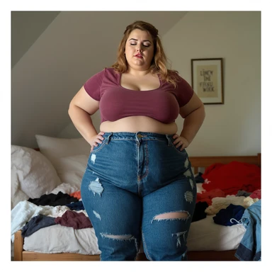 realistic plus-size woman with swollen thighs, struggling with jeans, seams popping like balloons, bedroom messy with failed outfits, vertical photo sticker