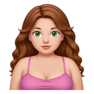 Baddie bratz girl with middle parted long wavy brown hair. green eyes. Plus size. pink spaghetti strap top. sticker