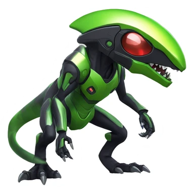 a shiny black-green Genesect-Raptor-Fakémon—hybrid with a futuristic visor-helmet full body sticker