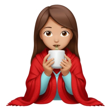 cute and sexy asian slightly tanned girl, brown hair, feeling sick, nose is red due to sickness, covered by blanket, holding tea mug in hands sticker