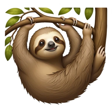 cinematic-sloth-realistic-full-body-hanging-emoji,-long-curved-claws-clinging-to-a-tree,-thick-shaggy-brown-fur-slightly-ruffled,-head-tilted-dramatically,-slow-blinking-eyes-filled-with-serene-wisdom,-simplified-yet-realistic-focused-features,-highly-detailed,-glowing-with-an-almost-sarcastic-glow sticker