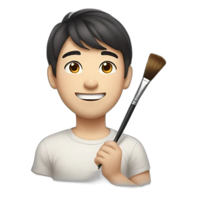 A slightly plump, round-faced, slightly droopy-eyed, cute, dark-haired Japanese brother who is smiling while holding a colored brush and graphite pencil sticker