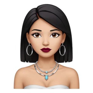 latina makeup olsun, saçları düz, halka küpeler taksın. takıların hepsi gümüş rengi olsun halka küpeler ve kolye dahil. makyajı ağır olsun ve beyaz bir Bandeau top kıyafet giyisin dudakları bordo olsun sticker