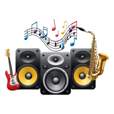 Icon for R&B Music Listening: large concert speakers and headphones with waves of musical notes coming out, along with drums, bass guitar and saxophone. The icon should convey the energetic and rhythmic vibe of R&B music. Transparent background sticker