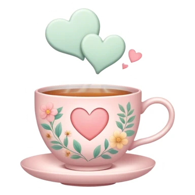 Cute Kawaii Tea Cup, steaming with warmth, soft pastel tones, delicate floral patterns, a tiny heart-shaped tea bag tag, cozy and inviting! sticker