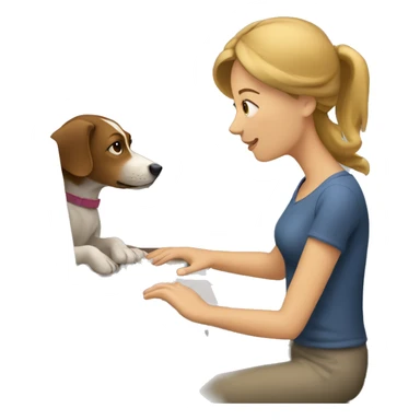 Woman typing on computer with dog sticker
