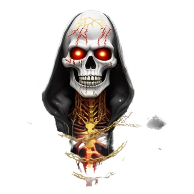 White skeleton zombie person covered in golden chains and black graffiti scribbles and red and silver doodles wings made of neon lightning snowing snowflakes sticker