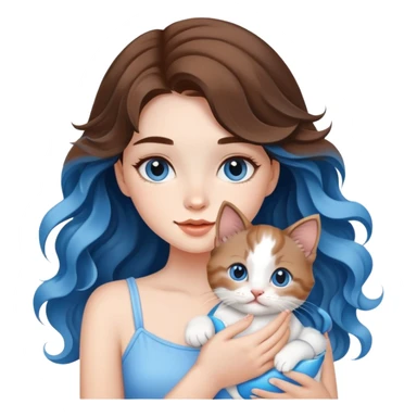 A beautiful girl with big brown waves was holding a blue and white kitten sticker