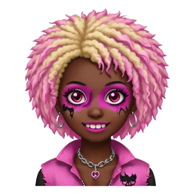 girl, zombie,pink and blonde afro, medium long, emo, shaggy, dark, spooky,double eyebrow dermal piercing, cute illuminous smile sticker