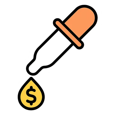 colored icon of a pipette with a golden drop, dollar sign inside the drop sticker