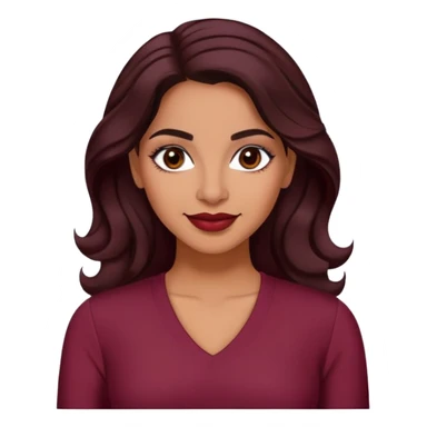 Puerto Rican actress Lynette Torres, woman with warm brown skin, attractive elegant features, expressive dark eyes, well-defined eyebrows, straight nose, friendly smile, long dark wavy hair, wearing a fashionable burgundy top sticker